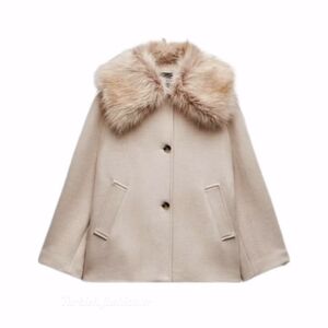 New Zara M L XL Manteco Wool Blend Coat Woman Beige Detachable Faux Fur Collar